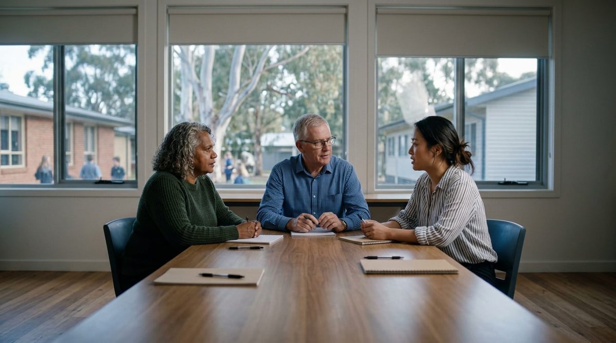 Teachers in a committee meeting around a table in a school meeting room